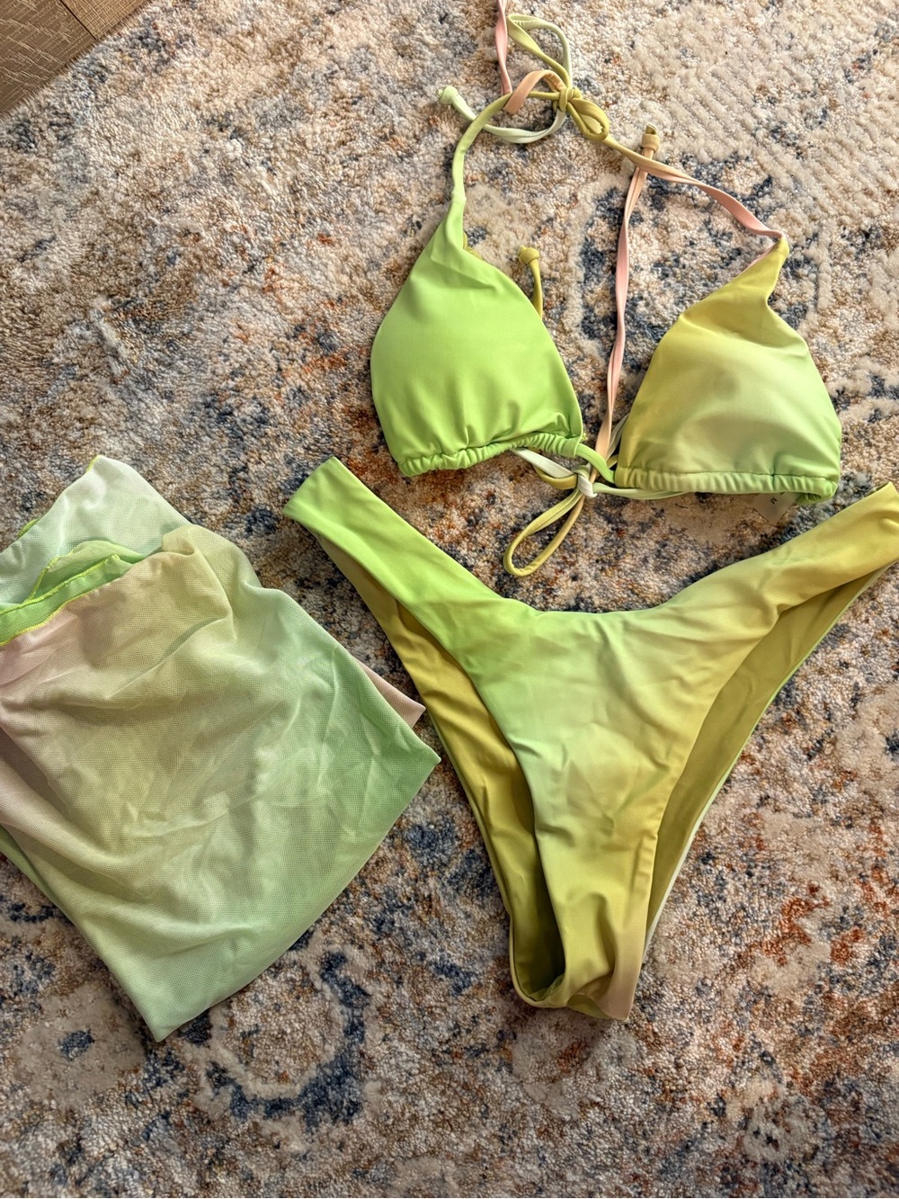 Pink and Lime Green ombré 3 piece Bikini Set